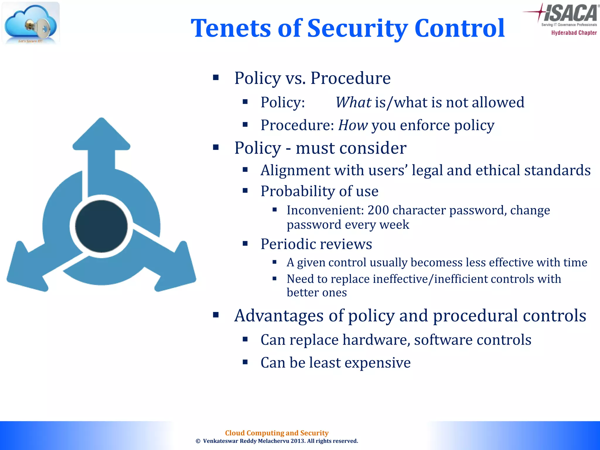 © 2010. All rights reserved.
Cloud Computing and Security
© Venkateswar Reddy Melachervu 2013. All rights reserved.
 Policy vs. Procedure
 Policy: What is/what is not allowed
 Procedure: How you enforce policy
 Policy - must consider
 Alignment with users’ legal and ethical standards
 Probability of use
 Inconvenient: 200 character password, change
password every week
 Periodic reviews
 A given control usually becomess less effective with time
 Need to replace ineffective/inefficient controls with
better ones
 Advantages of policy and procedural controls
 Can replace hardware, software controls
 Can be least expensive
Tenets of Security Control
 