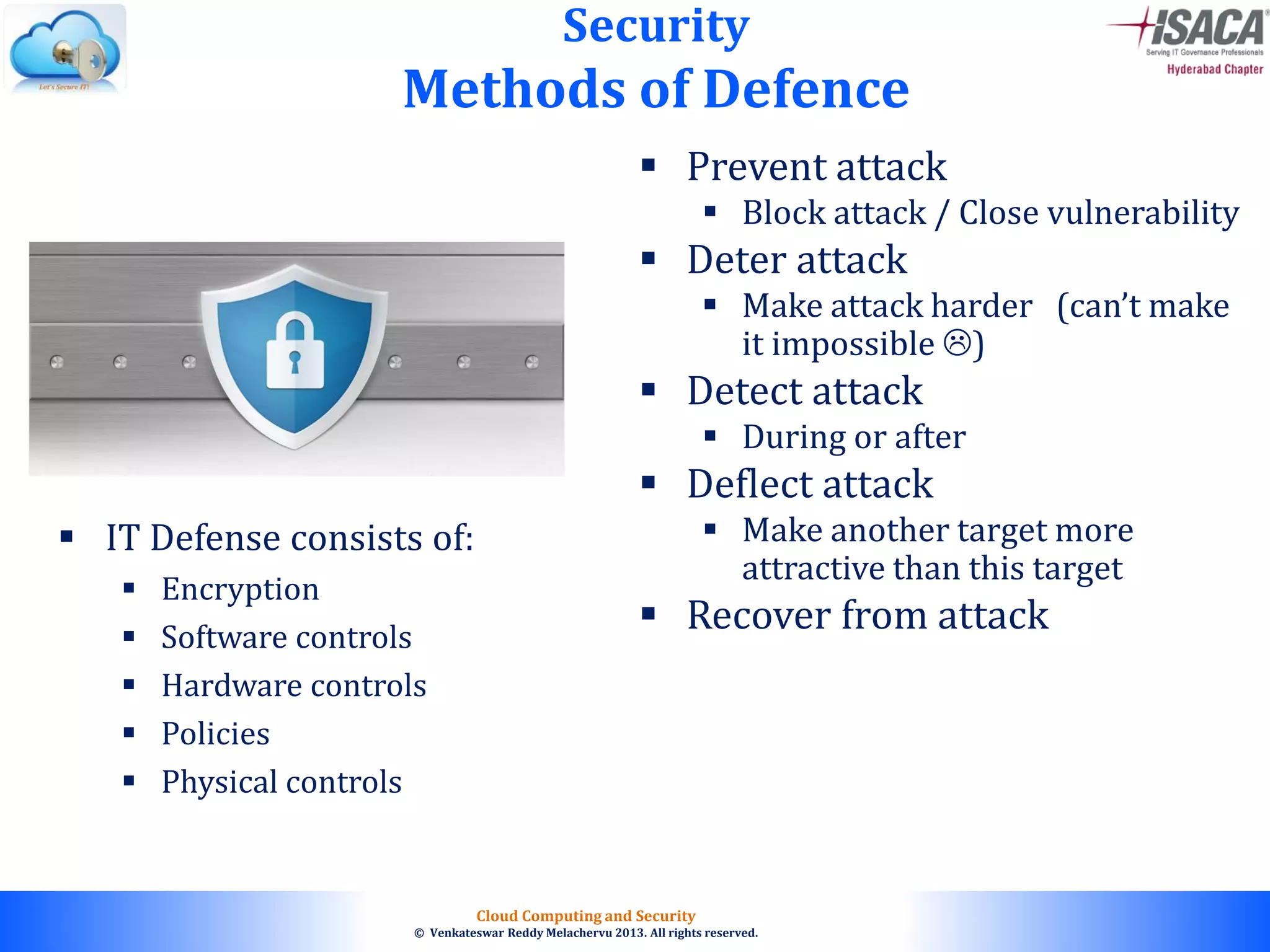 © 2010. All rights reserved.
Cloud Computing and Security
© Venkateswar Reddy Melachervu 2013. All rights reserved.
 Prevent attack
 Block attack / Close vulnerability
 Deter attack
 Make attack harder (can’t make
it impossible )
 Detect attack
 During or after
 Deflect attack
 Make another target more
attractive than this target
 Recover from attack
Security
Methods of Defence
 IT Defense consists of:
 Encryption
 Software controls
 Hardware controls
 Policies
 Physical controls
 