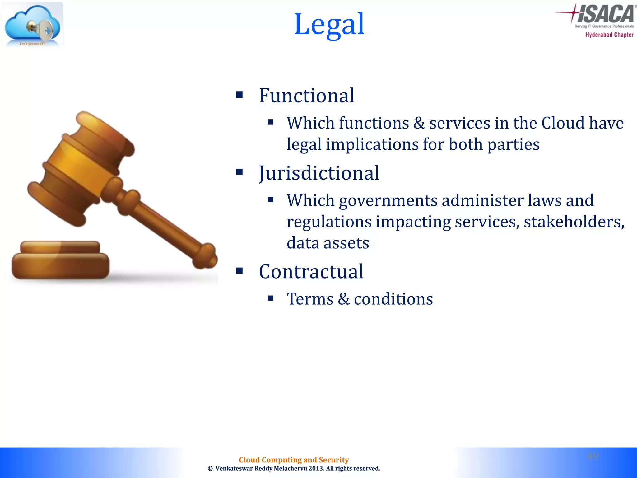 © 2010. All rights reserved.
Cloud Computing and Security
© Venkateswar Reddy Melachervu 2013. All rights reserved.
Legal
 Functional
 Which functions & services in the Cloud have
legal implications for both parties
 Jurisdictional
 Which governments administer laws and
regulations impacting services, stakeholders,
data assets
 Contractual
 Terms & conditions
49
 