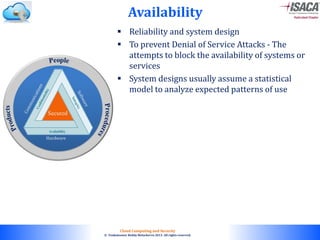 © 2010. All rights reserved.
Cloud Computing and Security
© Venkateswar Reddy Melachervu 2013. All rights reserved.
Availability
 Reliability and system design
 To prevent Denial of Service Attacks - The
attempts to block the availability of systems or
services
 System designs usually assume a statistical
model to analyze expected patterns of use
 