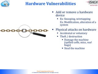 © 2010. All rights reserved.
Cloud Computing and Security
© Venkateswar Reddy Melachervu 2013. All rights reserved.
 Add or remove a hardware
device
 Ex: Snooping, wiretapping
Ex: Modification, alteration of a
system
 Physical attacks on hardware
 Accidental or voluntary
 Theft / destruction
 Damage the machine
(spilled coffe, mice, real
bugs)
 Steal the machine
Hardware Vulnerabilities
 