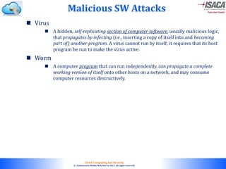 © 2010. All rights reserved.
Cloud Computing and Security
© Venkateswar Reddy Melachervu 2013. All rights reserved.
 Virus
 A hidden, self-replicating section of computer software, usually malicious logic,
that propagates by infecting (i.e., inserting a copy of itself into and becoming
part of) another program. A virus cannot run by itself; it requires that its host
program be run to make the virus active.
 Worm
 A computer program that can run independently, can propagate a complete
working version of itself onto other hosts on a network, and may consume
computer resources destructively.
Malicious SW Attacks
 