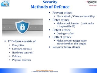© 2010. All rights reserved.
Cloud Computing and Security
© Venkateswar Reddy Melachervu 2013. All rights reserved.
 Prevent attack
 Block attack / Close vulnerability
 Deter attack
 Make attack harder (can’t make
it impossible )
 Detect attack
 During or after
 Deflect attack
 Make another target more
attractive than this target
 Recover from attack
Security
Methods of Defence
 IT Defense consists of:
 Encryption
 Software controls
 Hardware controls
 Policies
 Physical controls
 