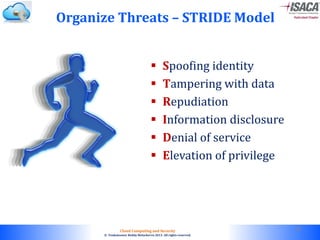 © 2010. All rights reserved.
Cloud Computing and Security
© Venkateswar Reddy Melachervu 2013. All rights reserved.
Organize Threats – STRIDE Model
 Spoofing identity
 Tampering with data
 Repudiation
 Information disclosure
 Denial of service
 Elevation of privilege
48
 