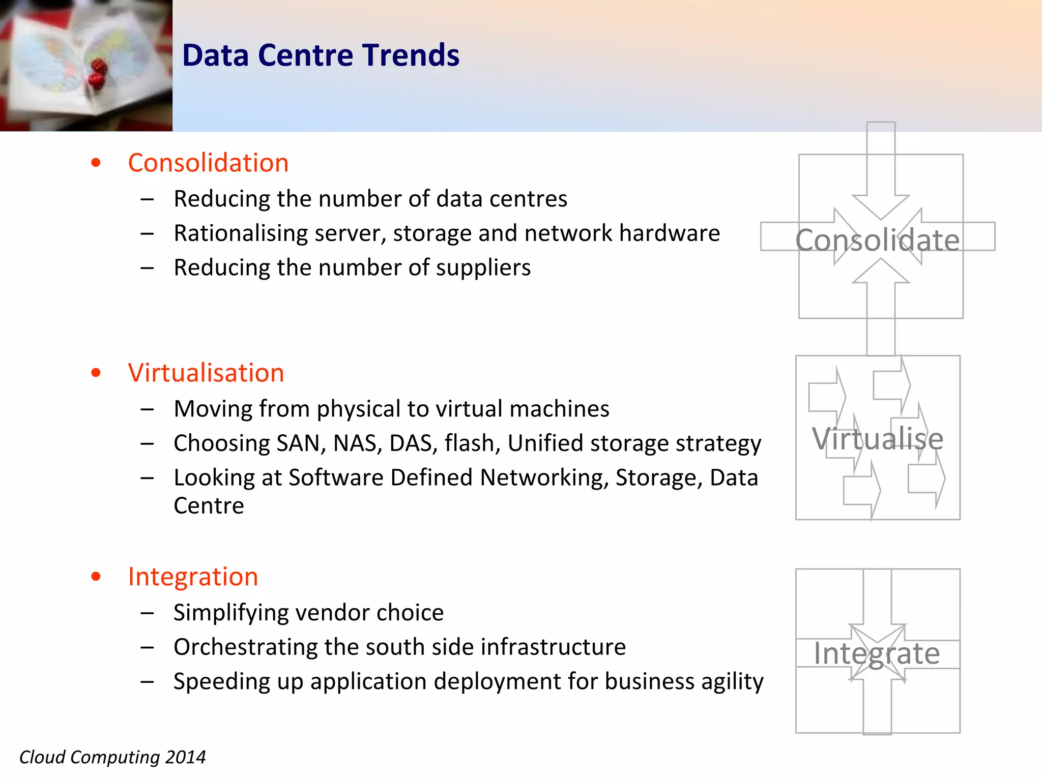 Cloud Computing 2014
Data Centre Trends
• Consolidation
– Reducing the number of data centres
– Rationalising server, storage and network hardware
– Reducing the number of suppliers
• Virtualisation
– Moving from physical to virtual machines
– Choosing SAN, NAS, DAS, flash, Unified storage strategy
– Looking at Software Defined Networking, Storage, Data
Centre
• Integration
– Simplifying vendor choice
– Orchestrating the south side infrastructure
– Speeding up application deployment for business agility
Consolidate
Virtualise
Integrate
 