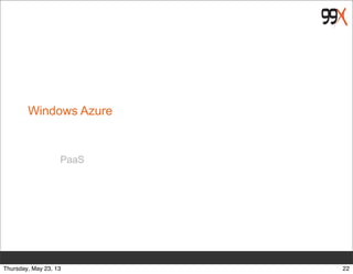 Windows Azure
PaaS
22Thursday, May 23, 13
 