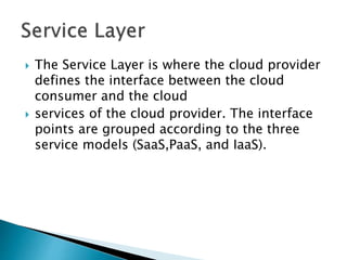  The Service Layer is where the cloud provider
defines the interface between the cloud
consumer and the cloud
 services of the cloud provider. The interface
points are grouped according to the three
service models (SaaS,PaaS, and IaaS).
 