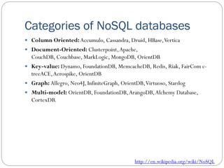 Categories of NoSQL databases
 Column Oriented: Accumulo, Cassandra, Druid, HBase,Vertica
 Document-Oriented: Clusterpoint,Apache,
CouchDB, Couchbase, MarkLogic, MongoDB, OrientDB
 Key-value: Dynamo, FoundationDB, MemcacheDB, Redis, Riak, FairCom c-
treeACE,Aerospike, OrientDB
 Graph: Allegro, Neo4J, InfiniteGraph, OrientDB,Virtuoso, Stardog
 Multi-model: OrientDB, FoundationDB,ArangoDB,Alchemy Database,
CortexDB.
http://en.wikipedia.org/wiki/NoSQL
 