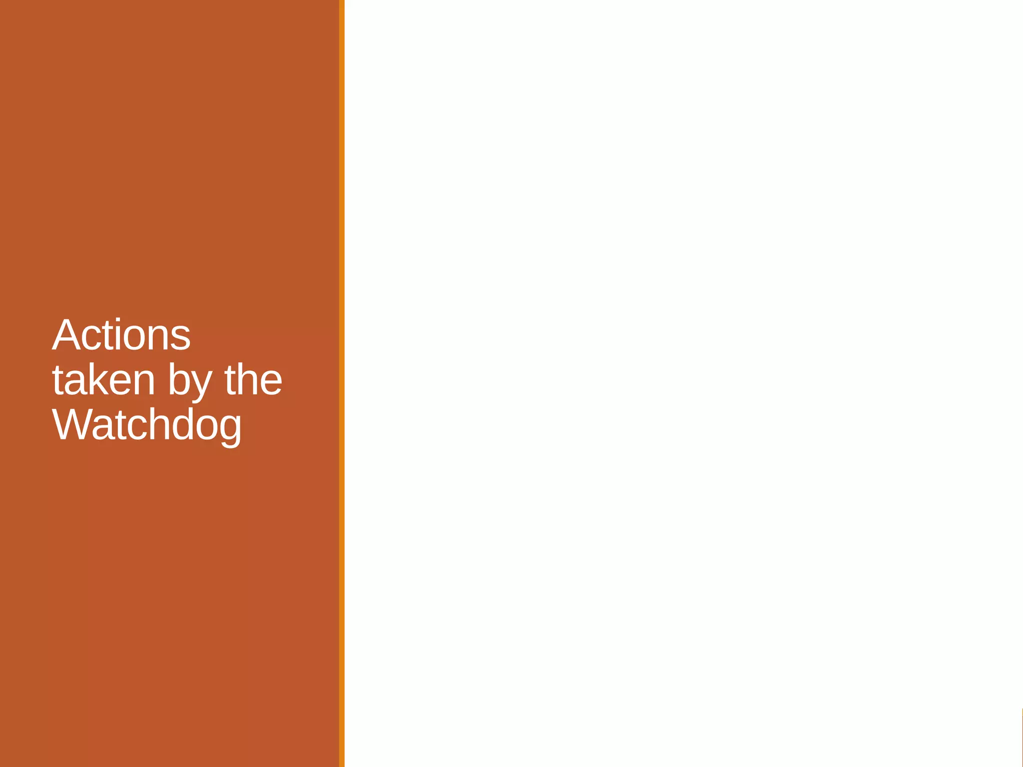 Running a batch file
Sending a console message
Send a text message
Send an email message
Sending an SNMP trap
Logging a ticket
Actions
taken by the
Watchdog
 