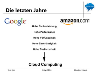 Die letzten Jahre

             Hohe Rechenleistung

              Hohe Performance

              Hohe Verfügbarkeit

             Hohe Zuverlässigkeit

              Hohe Skalierbarkeit




            Cloud Computing
René Büst            30. April 2010   CloudUser | Ξxpert
 