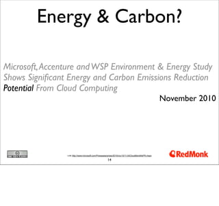 Energy & Carbon?

Microsoft, Accenture and WSP Environment & Energy Study
Shows Signiﬁcant Energy and Carbon Emissions Reduction
Potential From Cloud Computing
                                                                                                     November 2010




                Link http://www.microsoft.com/Presspass/press/2010/nov10/11-04CloudBenefitsPR.mspx

                                                       14
 