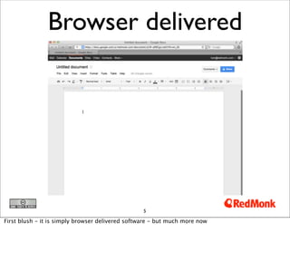 Browser delivered




                                                  5

First blush - it is simply browser delivered software - but much more now
 