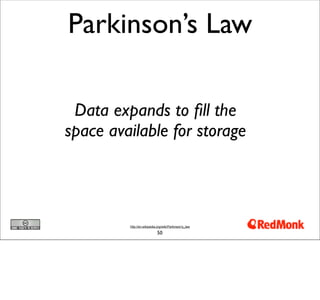 Parkinson’s Law

 Data expands to ﬁll the
space available for storage




         http://en.wikipedia.org/wiki/Parkinson's_law

                            50
 