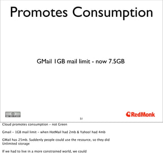 Promotes Consumption


                      GMail 1GB mail limit - now 7.5GB




                                                  51

Cloud promotes consumption - not Green

Gmail - 1GB mail limit - when HotMail had 2mb & Yahoo! had 4mb

GMail has 25mb. Suddenly people could use the resource, so they did
Unlimited storage

If we had to live in a more constrained world, we could
 