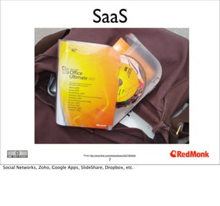 SaaS




                                     Photo http://www.flickr.com/photos/kiewic/4227455448/

                                                              7

Social Networks, Zoho, Google Apps, SlideShare, Dropbox, etc.
 