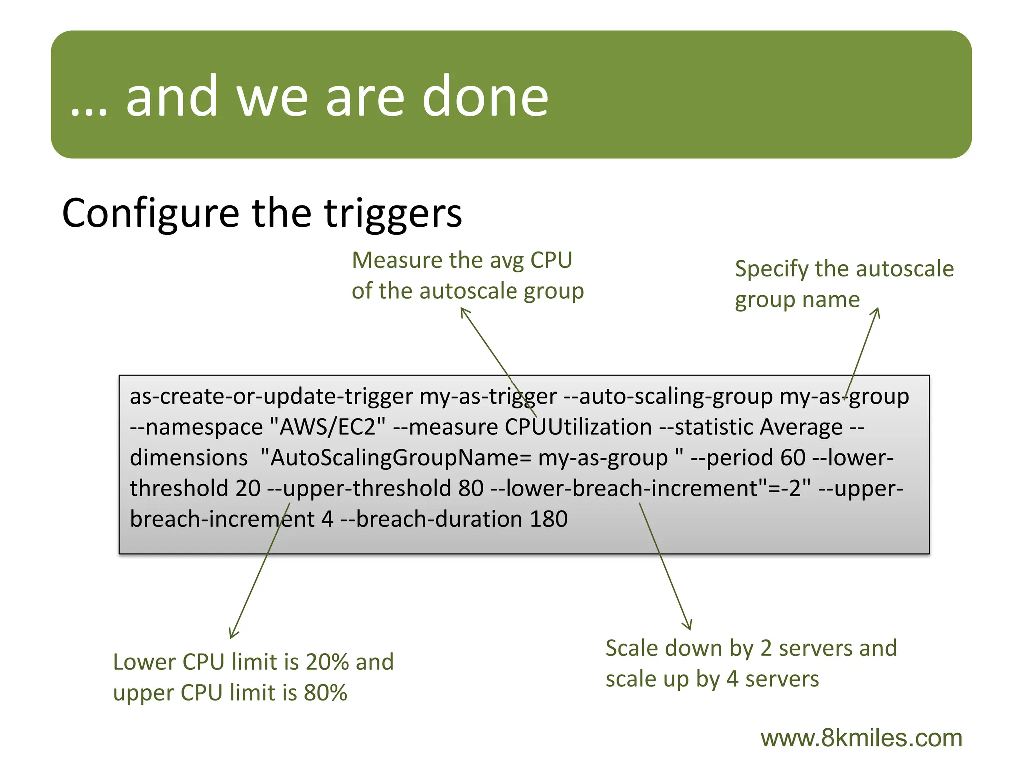 … and we are done
Configure the triggers
                        Measure the avg CPU                 Specify the autoscale
                        of the autoscale group              group name


   as-create-or-update-trigger my-as-trigger --auto-scaling-group my-as-group
   --namespace "AWS/EC2" --measure CPUUtilization --statistic Average --
   dimensions "AutoScalingGroupName= my-as-group " --period 60 --lower-
   threshold 20 --upper-threshold 80 --lower-breach-increment"=-2" --upper-
   breach-increment 4 --breach-duration 180




                                                 Scale down by 2 servers and
  Lower CPU limit is 20% and
                                                 scale up by 4 servers
  upper CPU limit is 80%
                                                               www.8kmiles.com
 