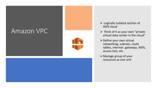 Amazon VPC
 Logically isolated section of
AWS cloud
 Think of it as your own "private
virtual data center in the cloud“
Define your own virtual
networking, subnets, route
tables, internet gateways, NATs,
access lists, etc.
Manage group of your
resources as one unit
 
