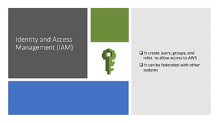 Identity and Access
Management (IAM)
 It create users, groups, and
roles to allow access to AWS
 It can be federated with other
systems
 
