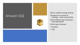 Amazon SQS
 Fast, scalable message queuing
 Supports any volume of
messages - scales automatically
 Cost-effective way to decouple
cloud applications
 Two types of queues :
Standard
FIFO
 