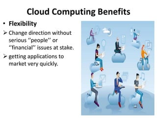 Cloud Computing Benefits
• Flexibility
 Change direction without
serious ‘’people’’ or
‘’financial’’ issues at stake.
 getting applications to
market very quickly.
 