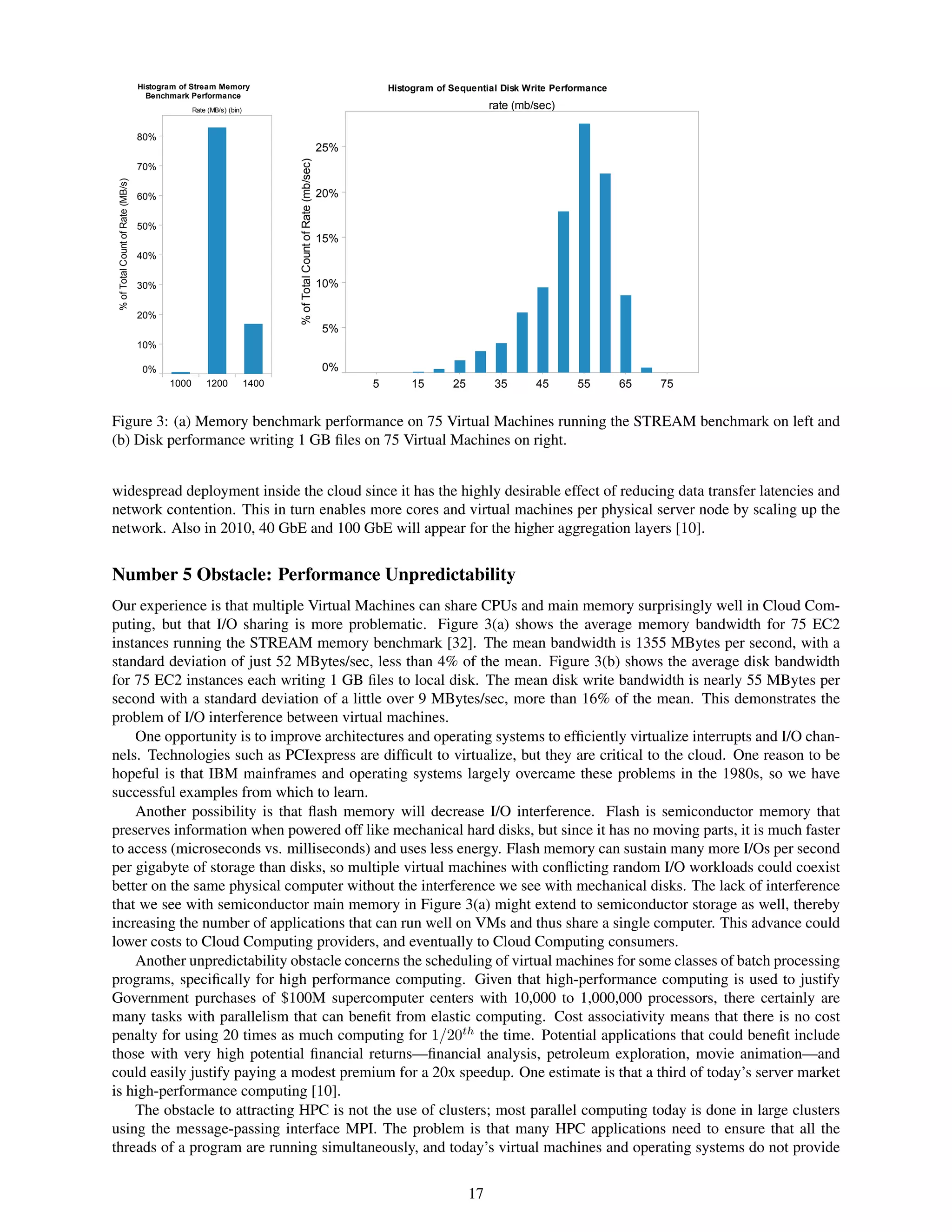 Histogram of Stream Memory                                                             Histogram of Sequential Disk Write Performance
                                    Benchmark Performance
                                                Rate (MB/s) (bin)                                                                               rate (mb/sec)

                                  80%
                                                                                                               25%




                                                                           % of Total Count of Rate (mb/sec)
                                  70%
% of Total Count of Rate (MB/s)




                                  60%                                                                          20%

                                  50%
                                                                                                               15%
                                  40%


                                  30%                                                                          10%

                                  20%
                                                                                                               5%
                                  10%

                                   0%                                                                          0%
                                         1000       1200            1400                                             5       15       25         35      45     55        65   75
% of Total Count of Rate (MB/s) for each Rate
                                                                           mb/sec
(MB/s) (bin). The data is filtered on model and
Rate (MB/s). The model filter keeps Dual­Core
Figure 3: (a) Memory benchmark performance on 75 Virtual Machines running the STREAM benchmark on left and
AMD Opteron(tm) Processor 2218 HE. The Rate
(MB/s) filter ranges from 1144.905151367 to 1600.
(b) Disk performance writing 1 GB ﬁles on 75 Virtual Machines on right.


widespread deployment inside the cloud since it has the highly desirable effect of reducing data transfer latencies and
network contention. This in turn enables more cores and virtual machines per physical server node by scaling up the
network. Also in 2010, 40 GbE and 100 GbE will appear for the higher aggregation layers [10].


Number 5 Obstacle: Performance Unpredictability
Our experience is that multiple Virtual Machines can share CPUs and main memory surprisingly well in Cloud Com-
puting, but that I/O sharing is more problematic. Figure 3(a) shows the average memory bandwidth for 75 EC2
instances running the STREAM memory benchmark [32]. The mean bandwidth is 1355 MBytes per second, with a
standard deviation of just 52 MBytes/sec, less than 4% of the mean. Figure 3(b) shows the average disk bandwidth
for 75 EC2 instances each writing 1 GB ﬁles to local disk. The mean disk write bandwidth is nearly 55 MBytes per
second with a standard deviation of a little over 9 MBytes/sec, more than 16% of the mean. This demonstrates the
problem of I/O interference between virtual machines.
    One opportunity is to improve architectures and operating systems to efﬁciently virtualize interrupts and I/O chan-
nels. Technologies such as PCIexpress are difﬁcult to virtualize, but they are critical to the cloud. One reason to be
hopeful is that IBM mainframes and operating systems largely overcame these problems in the 1980s, so we have
successful examples from which to learn.
    Another possibility is that ﬂash memory will decrease I/O interference. Flash is semiconductor memory that
preserves information when powered off like mechanical hard disks, but since it has no moving parts, it is much faster
to access (microseconds vs. milliseconds) and uses less energy. Flash memory can sustain many more I/Os per second
per gigabyte of storage than disks, so multiple virtual machines with conﬂicting random I/O workloads could coexist
better on the same physical computer without the interference we see with mechanical disks. The lack of interference
that we see with semiconductor main memory in Figure 3(a) might extend to semiconductor storage as well, thereby
increasing the number of applications that can run well on VMs and thus share a single computer. This advance could
lower costs to Cloud Computing providers, and eventually to Cloud Computing consumers.
    Another unpredictability obstacle concerns the scheduling of virtual machines for some classes of batch processing
programs, speciﬁcally for high performance computing. Given that high-performance computing is used to justify
Government purchases of $100M supercomputer centers with 10,000 to 1,000,000 processors, there certainly are
many tasks with parallelism that can beneﬁt from elastic computing. Cost associativity means that there is no cost
penalty for using 20 times as much computing for 1/20th the time. Potential applications that could beneﬁt include
those with very high potential ﬁnancial returns—ﬁnancial analysis, petroleum exploration, movie animation—and
could easily justify paying a modest premium for a 20x speedup. One estimate is that a third of today’s server market
is high-performance computing [10].
    The obstacle to attracting HPC is not the use of clusters; most parallel computing today is done in large clusters
using the message-passing interface MPI. The problem is that many HPC applications need to ensure that all the
threads of a program are running simultaneously, and today’s virtual machines and operating systems do not provide


                                                                                                                                           17
 