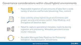 Zaloni Confidential and Proprietary
Governance considerations within cloud/hybrid environments
Zaloni Confidential and Proprietary
•  Repeatable Ingestion of vast amounts of data from a wide
variety of sources and formats (streaming, files, custom)
•  Data visibility across hybrid cloud environments with
proper security and access control. Data Masking, and
Encryption of sensitive data
•  Need to capture operational metadata implicitly during
ingestion and processing. Metadata persistent across
cluster instances
•  Reusable Managed Data Pipelines for Processing:
Validation, Standardization, Enrichments
 