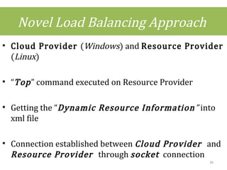 Novel Load Balancing Approach
• Cloud Provider (Windows) and Resource Provider
(Linux)
• “Top” command executed on Resource Provider
• Getting the “Dynamic Resource Information” into
xml file
• Connection established between Cloud Provider and
Resource Provider through socket connection
36
 