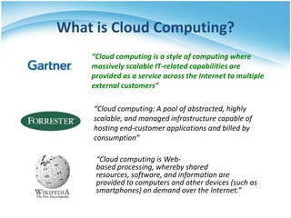 What is Cloud Computing?
“Cloud computing is a style of computing where
massively scalable IT-related capabilities are
provided as a service across the Internet to multiple
external customers”
“Cloud computing: A pool of abstracted, highly
scalable, and managed infrastructure capable of
hosting end-customer applications and billed by
consumption”
“Cloud computing is Webbased processing, whereby shared
resources, software, and information are
provided to computers and other devices (such as
smartphones) on demand over the Internet.”

 