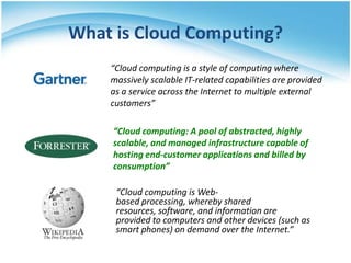 What is Cloud Computing?
“Cloud computing is a style of computing where
massively scalable IT-related capabilities are provided
as a service across the Internet to multiple external
customers”
“Cloud computing: A pool of abstracted, highly
scalable, and managed infrastructure capable of
hosting end-customer applications and billed by
consumption”
“Cloud computing is Webbased processing, whereby shared
resources, software, and information are
provided to computers and other devices (such as
smart phones) on demand over the Internet.”

 