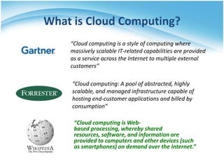 What is Cloud Computing?
“Cloud computing is a style of computing where
massively scalable IT-related capabilities are provided
as a service across the Internet to multiple external
customers”
“Cloud computing: A pool of abstracted, highly
scalable, and managed infrastructure capable of
hosting end-customer applications and billed by
consumption”
“Cloud computing is Webbased processing, whereby shared
resources, software, and information are
provided to computers and other devices (such
as smartphones) on demand over the Internet.”

 