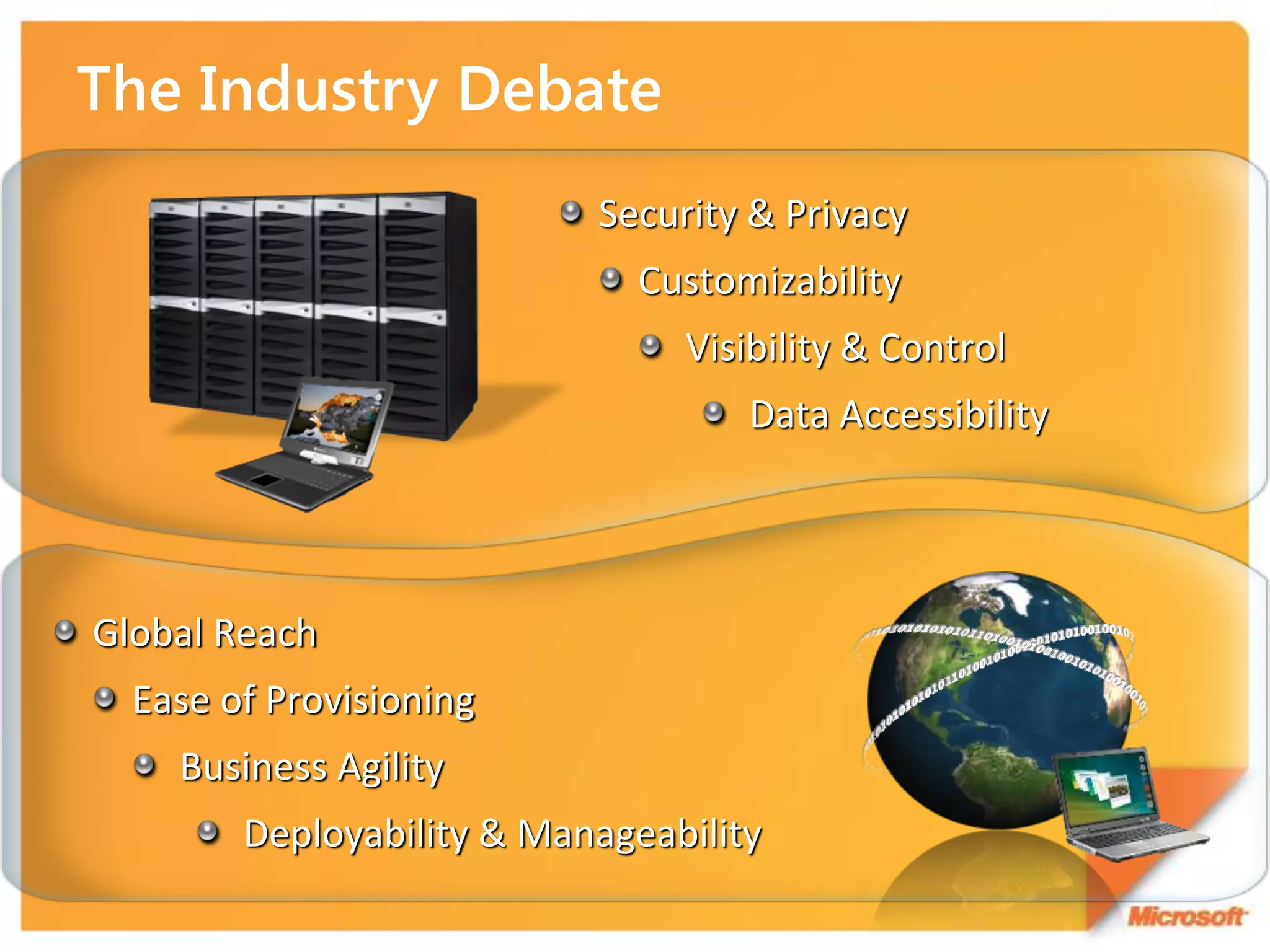 Security & Privacy
                              Customizability
                                Visibility & Control
                                    Data Accessibility




Global Reach
  Ease of Provisioning
    Business Agility
        Deployability & Manageability
 