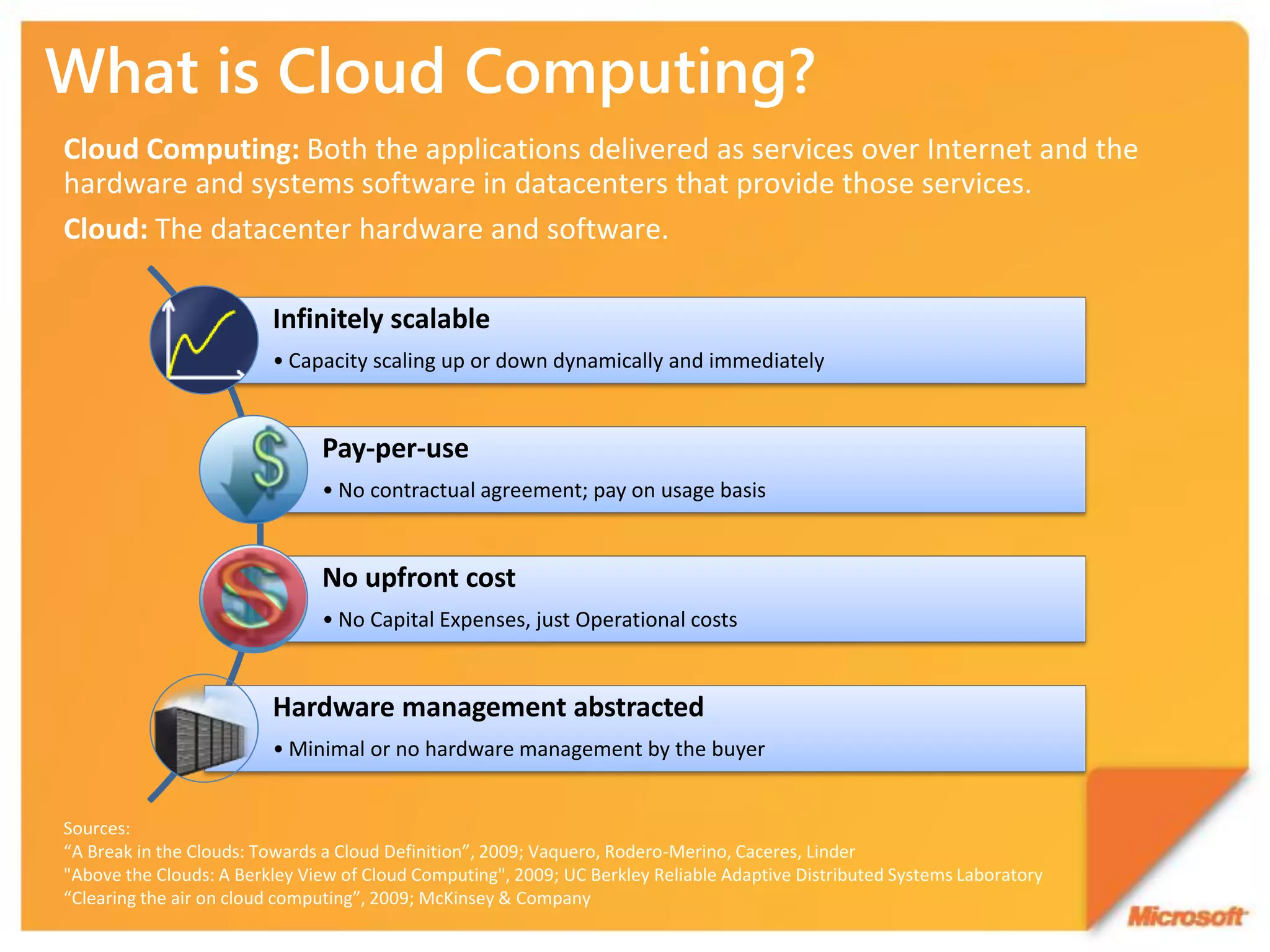 What is Cloud Computing?
Cloud Computing: Both the applications delivered as services over Internet and the
hardware and systems software in datacenters that provide those services.
Cloud: The datacenter hardware and software.

                         Infinitely scalable
                         • Capacity scaling up or down dynamically and immediately


                               Pay-per-use
                               • No contractual agreement; pay on usage basis


                               No upfront cost
                               • No Capital Expenses, just Operational costs


                         Hardware management abstracted
                         • Minimal or no hardware management by the buyer


Sources:
“A Break in the Clouds: Towards a Cloud Definition”, 2009; Vaquero, Rodero-Merino, Caceres, Linder
"Above the Clouds: A Berkley View of Cloud Computing", 2009; UC Berkley Reliable Adaptive Distributed Systems Laboratory
“Clearing the air on cloud computing”, 2009; McKinsey & Company
 