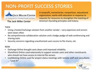 A nonprofit, nonsectarian, nonpartisan, educational
                                   organization, works with educators in response to
                                   requests for resources to strengthen the teaching of
  The Jack Miller Center           America’s founding principles and history.

THEN
• Using a hosted Exchange solution from another vendor – very expensive and servers
  were down often
• No comprehensive collaboration solution and a hodge-podge of web conferencing and
  sharing tools
• Security concerns regarding unauthorized users access to file shares, etc.

NOW
• Exchange Online brought costs down and improved reliability
• SharePoint Online used extensively to support remote users and other constituents
  who should not have access to internal file servers
• LiveMeeting Online used for project status meetings with remote staff and consultants
  … “Love it!”
 