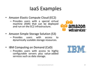 IaaS Examples
• Amazon Elastic Compute Cloud (EC2)
   – Provides users with a special virtual
     machine (AMI) that can be deployed
     and run on the EC2 infrastructure.

• Amazon Simple Storage Solution (S3)
   – Provides users with access to
     dynamically scalable storage resources.

• IBM Computing on Demand (CoD)
   – Provides users with access to highly
     configurable servers plus value-added
     services such as data storage.

                          www.luqmanshareef.com   18
 