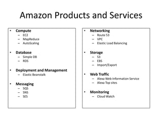 Amazon Products and Services
•   Compute                     •   Networking
     – EC2                           – Route 53
     – MapReduce                     – VPC
     – AutoScaling                   – Elastic Load Balancing

•   Database                    •   Storage
     – Simple DB                     – S3
     – RDS                           – EBS
                                     – Import/Export
•   Deployment and Management
     – Elastic Beanstalk        •   Web Traffic
                                     – Alexa Web Information Service
•   Messaging                        – Alexa Top sites
     – SQS
     – SNS                      •   Monitoring
     – SES                           – Cloud Watch
 