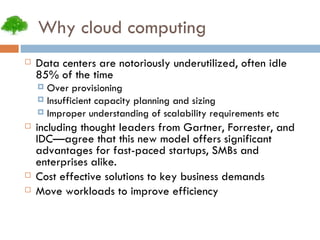 Why cloud computing Data centers are notoriously underutilized, often idle 85% of the time Over provisioning Insufficient capacity planning and sizing Improper understanding of scalability requirements etc including thought leaders from Gartner, Forrester, and IDC—agree that this new model offers significant advantages for fast-paced startups, SMBs and enterprises alike.  Cost effective solutions to key business demands Move workloads to improve efficiency 