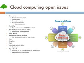 Cloud computing open issues Governance Security, Privacy and control SLA guarantees Ownership and control Compliance and auditing Sarbanes and Oxley Act Reliability Good servive provider with 99.999% availability Cloud independence – Vendor lockin? Cloud provider goes out of business Data Security Cloud lockin and Loss of control Plan for moving data along with Cloud provider Cost? Simplicity? Tools Controls on sensitive data? Out of business Big and small Scalability and cost outweigh reliability for small businesses Big businesses may have a problem 