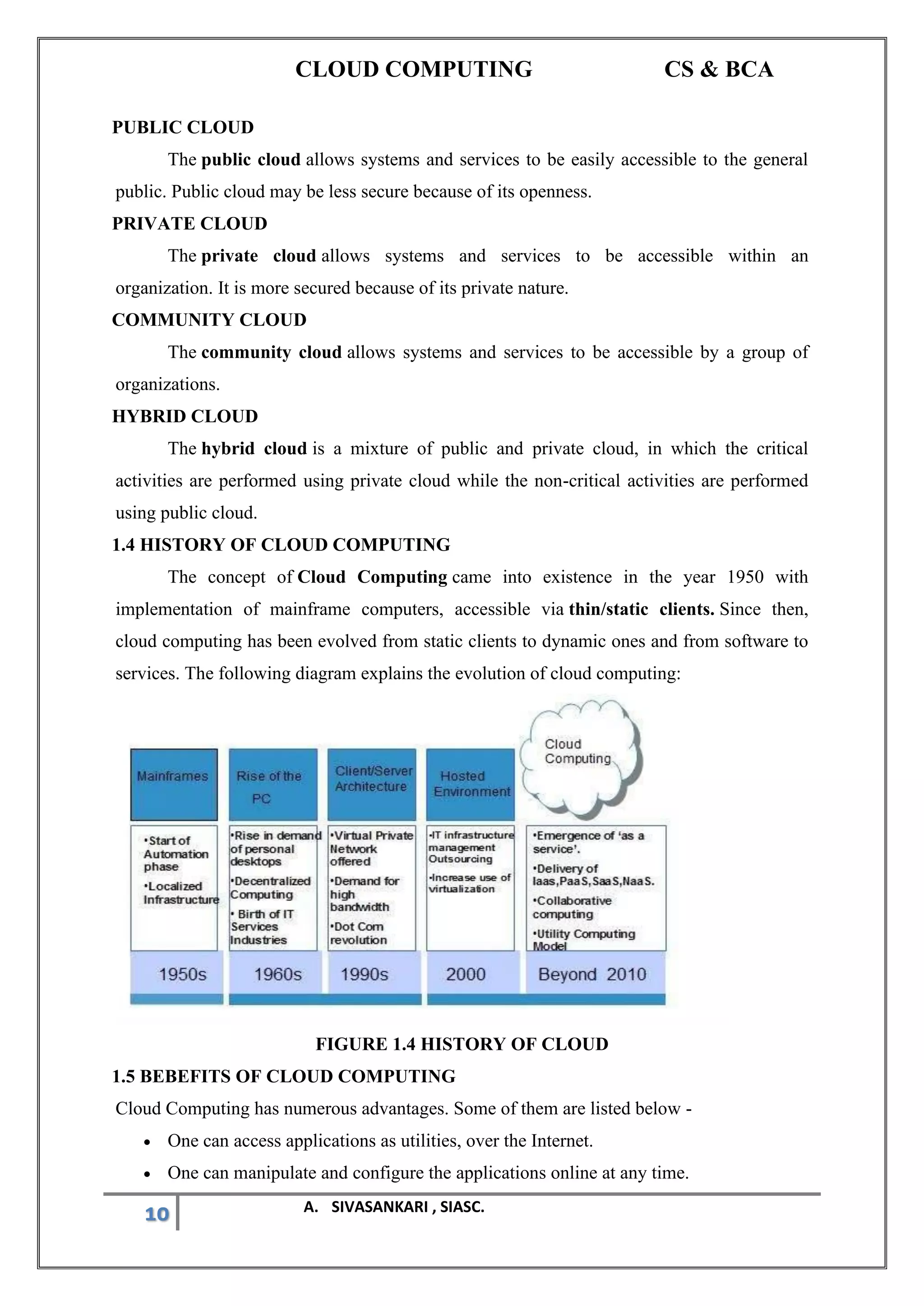 CLOUD COMPUTING CS & BCA
10 A. SIVASANKARI , SIASC.
PUBLIC CLOUD
The public cloud allows systems and services to be easily accessible to the general
public. Public cloud may be less secure because of its openness.
PRIVATE CLOUD
The private cloud allows systems and services to be accessible within an
organization. It is more secured because of its private nature.
COMMUNITY CLOUD
The community cloud allows systems and services to be accessible by a group of
organizations.
HYBRID CLOUD
The hybrid cloud is a mixture of public and private cloud, in which the critical
activities are performed using private cloud while the non-critical activities are performed
using public cloud.
1.4 HISTORY OF CLOUD COMPUTING
The concept of Cloud Computing came into existence in the year 1950 with
implementation of mainframe computers, accessible via thin/static clients. Since then,
cloud computing has been evolved from static clients to dynamic ones and from software to
services. The following diagram explains the evolution of cloud computing:
FIGURE 1.4 HISTORY OF CLOUD
1.5 BEBEFITS OF CLOUD COMPUTING
Cloud Computing has numerous advantages. Some of them are listed below -
• One can access applications as utilities, over the Internet.
• One can manipulate and configure the applications online at any time.
 
