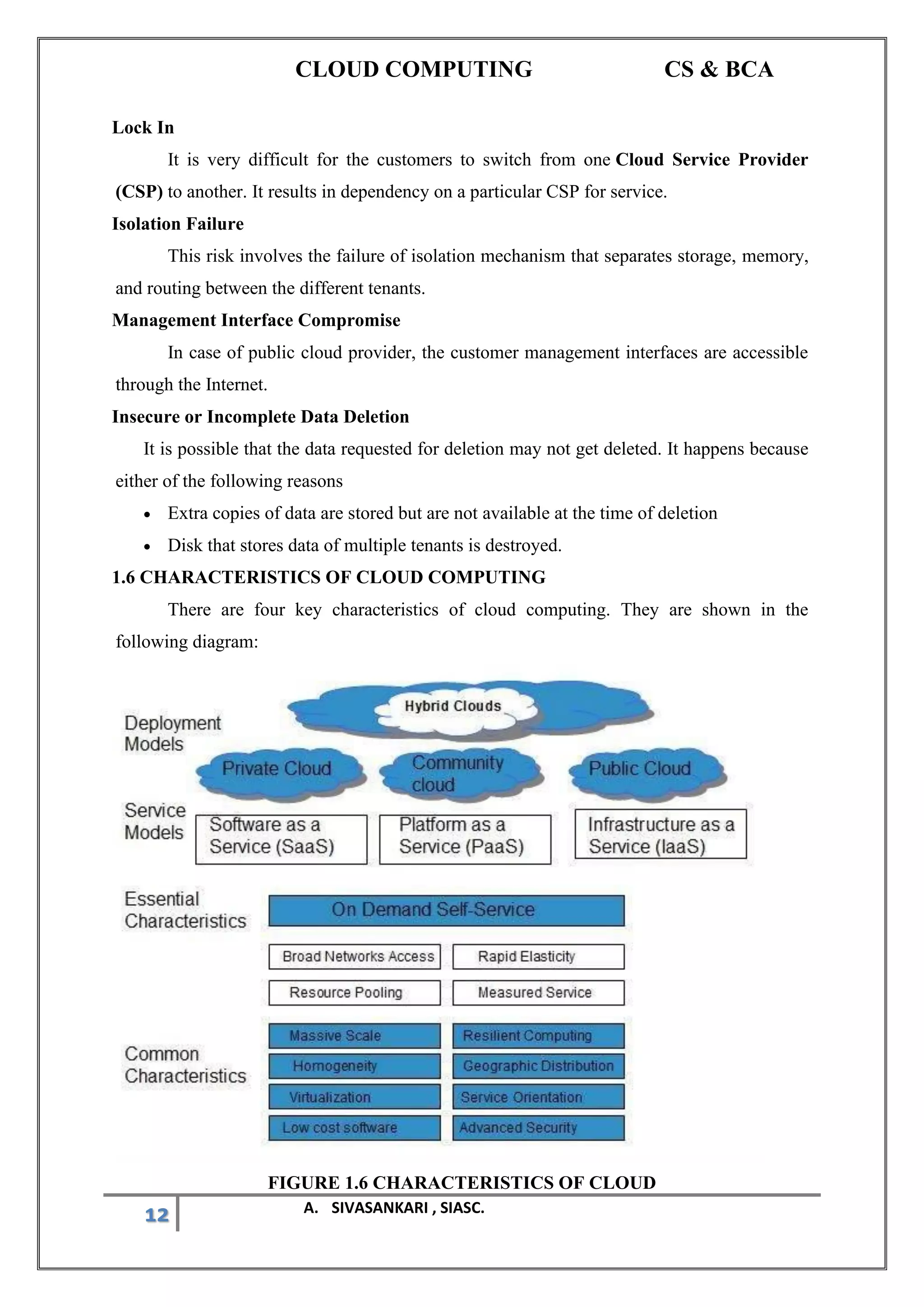 CLOUD COMPUTING CS & BCA
12 A. SIVASANKARI , SIASC.
Lock In
It is very difficult for the customers to switch from one Cloud Service Provider
(CSP) to another. It results in dependency on a particular CSP for service.
Isolation Failure
This risk involves the failure of isolation mechanism that separates storage, memory,
and routing between the different tenants.
Management Interface Compromise
In case of public cloud provider, the customer management interfaces are accessible
through the Internet.
Insecure or Incomplete Data Deletion
It is possible that the data requested for deletion may not get deleted. It happens because
either of the following reasons
• Extra copies of data are stored but are not available at the time of deletion
• Disk that stores data of multiple tenants is destroyed.
1.6 CHARACTERISTICS OF CLOUD COMPUTING
There are four key characteristics of cloud computing. They are shown in the
following diagram:
FIGURE 1.6 CHARACTERISTICS OF CLOUD
 