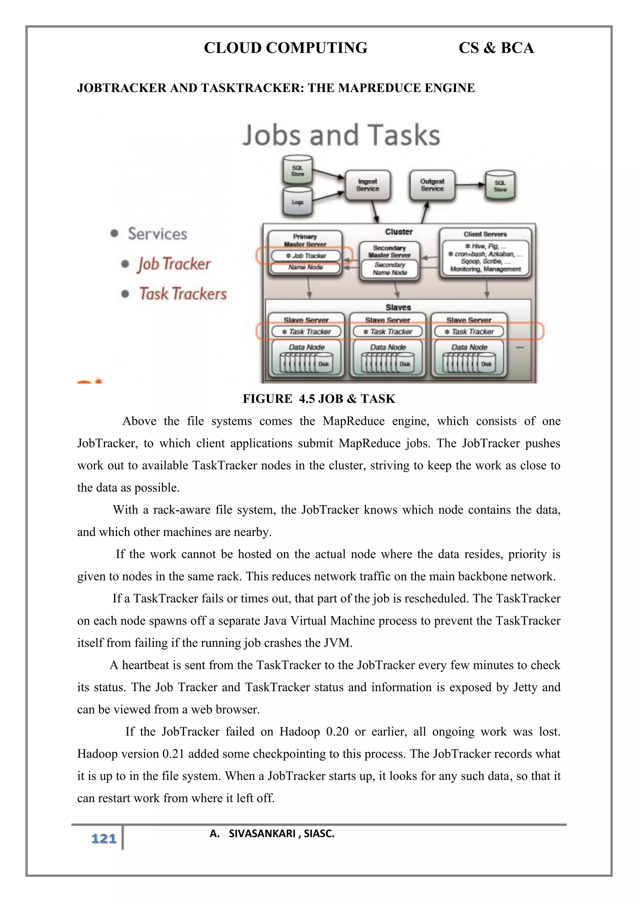 CLOUD COMPUTING CS & BCA
121 A. SIVASANKARI , SIASC.
JOBTRACKER AND TASKTRACKER: THE MAPREDUCE ENGINE
FIGURE 4.5 JOB & TASK
Above the file systems comes the MapReduce engine, which consists of one
JobTracker, to which client applications submit MapReduce jobs. The JobTracker pushes
work out to available TaskTracker nodes in the cluster, striving to keep the work as close to
the data as possible.
With a rack-aware file system, the JobTracker knows which node contains the data,
and which other machines are nearby.
If the work cannot be hosted on the actual node where the data resides, priority is
given to nodes in the same rack. This reduces network traffic on the main backbone network.
If a TaskTracker fails or times out, that part of the job is rescheduled. The TaskTracker
on each node spawns off a separate Java Virtual Machine process to prevent the TaskTracker
itself from failing if the running job crashes the JVM.
A heartbeat is sent from the TaskTracker to the JobTracker every few minutes to check
its status. The Job Tracker and TaskTracker status and information is exposed by Jetty and
can be viewed from a web browser.
If the JobTracker failed on Hadoop 0.20 or earlier, all ongoing work was lost.
Hadoop version 0.21 added some checkpointing to this process. The JobTracker records what
it is up to in the file system. When a JobTracker starts up, it looks for any such data, so that it
can restart work from where it left off.
 