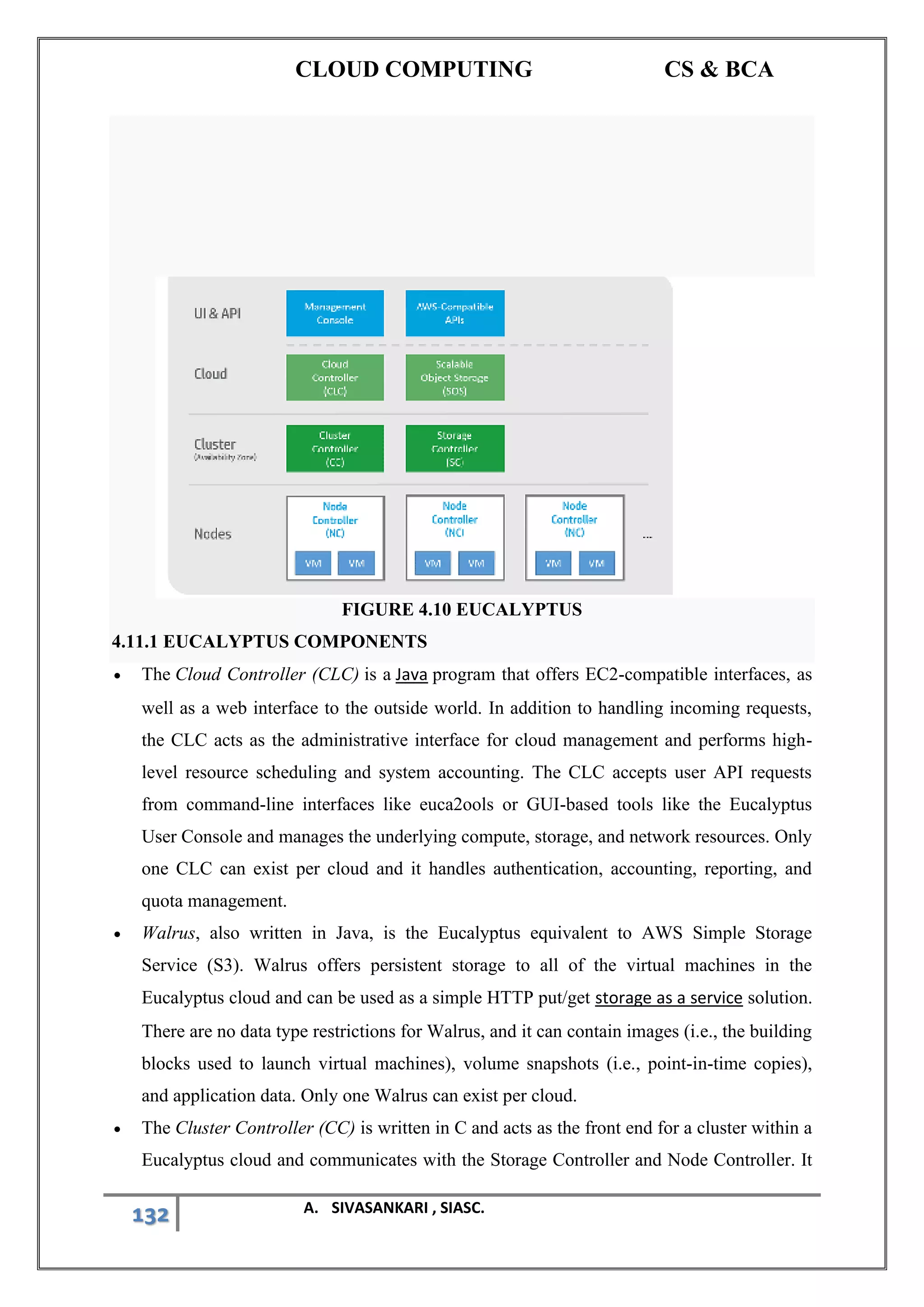 CLOUD COMPUTING CS & BCA
132 A. SIVASANKARI , SIASC.
FIGURE 4.10 EUCALYPTUS
4.11.1 EUCALYPTUS COMPONENTS
• The Cloud Controller (CLC) is a Java program that offers EC2-compatible interfaces, as
well as a web interface to the outside world. In addition to handling incoming requests,
the CLC acts as the administrative interface for cloud management and performs high-
level resource scheduling and system accounting. The CLC accepts user API requests
from command-line interfaces like euca2ools or GUI-based tools like the Eucalyptus
User Console and manages the underlying compute, storage, and network resources. Only
one CLC can exist per cloud and it handles authentication, accounting, reporting, and
quota management.
• Walrus, also written in Java, is the Eucalyptus equivalent to AWS Simple Storage
Service (S3). Walrus offers persistent storage to all of the virtual machines in the
Eucalyptus cloud and can be used as a simple HTTP put/get storage as a service solution.
There are no data type restrictions for Walrus, and it can contain images (i.e., the building
blocks used to launch virtual machines), volume snapshots (i.e., point-in-time copies),
and application data. Only one Walrus can exist per cloud.
• The Cluster Controller (CC) is written in C and acts as the front end for a cluster within a
Eucalyptus cloud and communicates with the Storage Controller and Node Controller. It
 