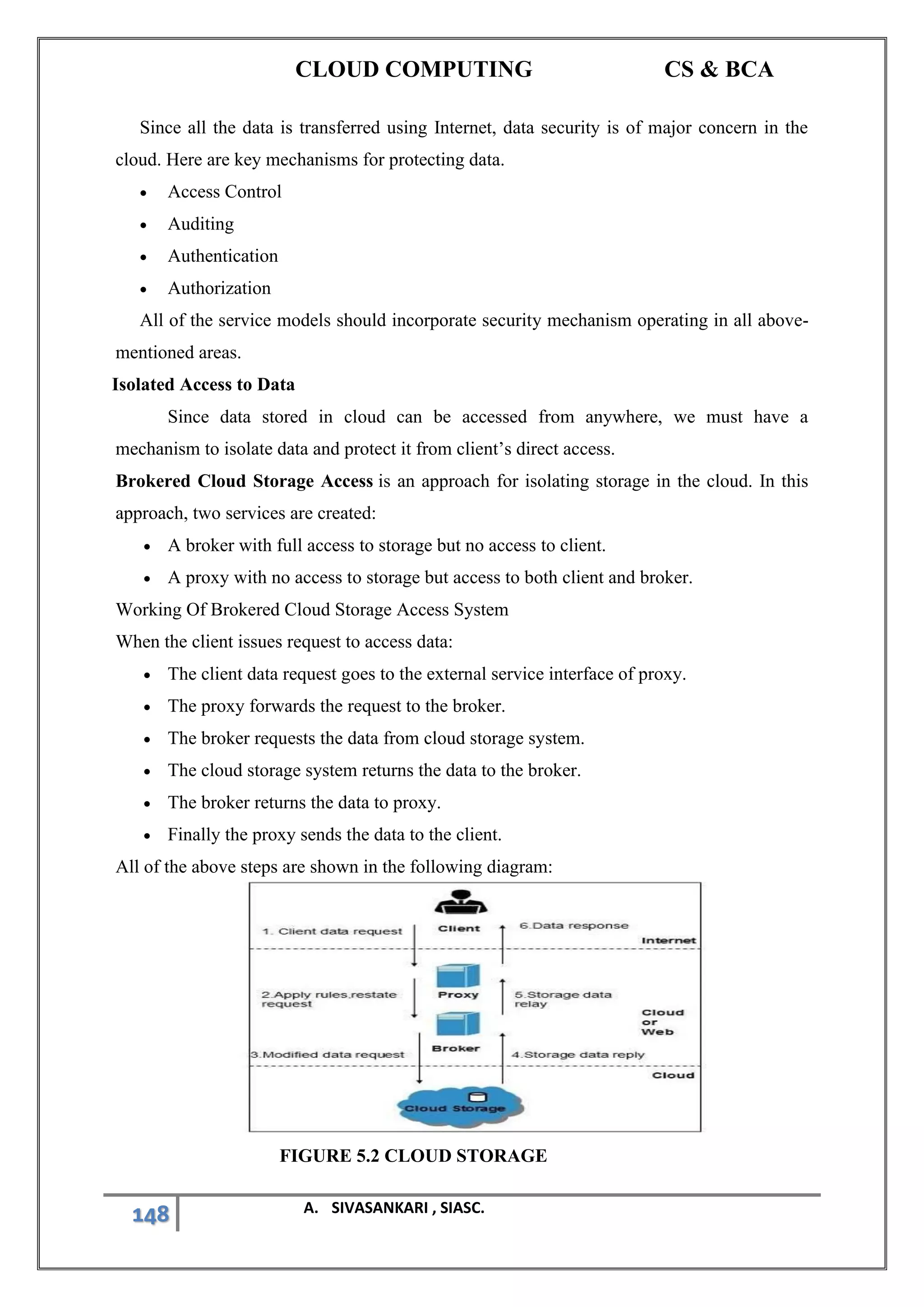 CLOUD COMPUTING CS & BCA
148 A. SIVASANKARI , SIASC.
Since all the data is transferred using Internet, data security is of major concern in the
cloud. Here are key mechanisms for protecting data.
• Access Control
• Auditing
• Authentication
• Authorization
All of the service models should incorporate security mechanism operating in all above-
mentioned areas.
Isolated Access to Data
Since data stored in cloud can be accessed from anywhere, we must have a
mechanism to isolate data and protect it from client’s direct access.
Brokered Cloud Storage Access is an approach for isolating storage in the cloud. In this
approach, two services are created:
• A broker with full access to storage but no access to client.
• A proxy with no access to storage but access to both client and broker.
Working Of Brokered Cloud Storage Access System
When the client issues request to access data:
• The client data request goes to the external service interface of proxy.
• The proxy forwards the request to the broker.
• The broker requests the data from cloud storage system.
• The cloud storage system returns the data to the broker.
• The broker returns the data to proxy.
• Finally the proxy sends the data to the client.
All of the above steps are shown in the following diagram:
FIGURE 5.2 CLOUD STORAGE
 