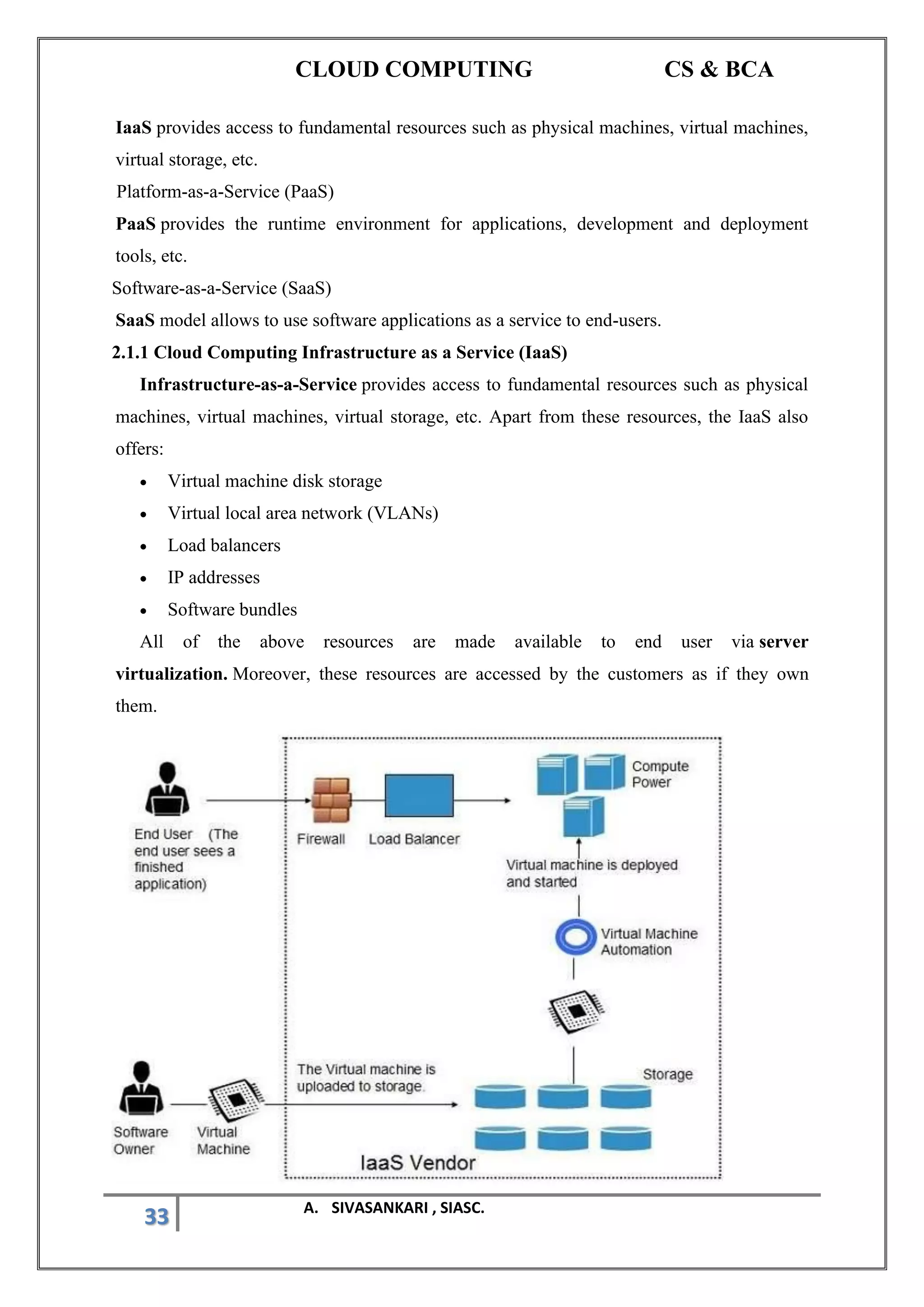 CLOUD COMPUTING CS & BCA
33 A. SIVASANKARI , SIASC.
IaaS provides access to fundamental resources such as physical machines, virtual machines,
virtual storage, etc.
Platform-as-a-Service (PaaS)
PaaS provides the runtime environment for applications, development and deployment
tools, etc.
Software-as-a-Service (SaaS)
SaaS model allows to use software applications as a service to end-users.
2.1.1 Cloud Computing Infrastructure as a Service (IaaS)
Infrastructure-as-a-Service provides access to fundamental resources such as physical
machines, virtual machines, virtual storage, etc. Apart from these resources, the IaaS also
offers:
• Virtual machine disk storage
• Virtual local area network (VLANs)
• Load balancers
• IP addresses
• Software bundles
All of the above resources are made available to end user via server
virtualization. Moreover, these resources are accessed by the customers as if they own
them.
 
