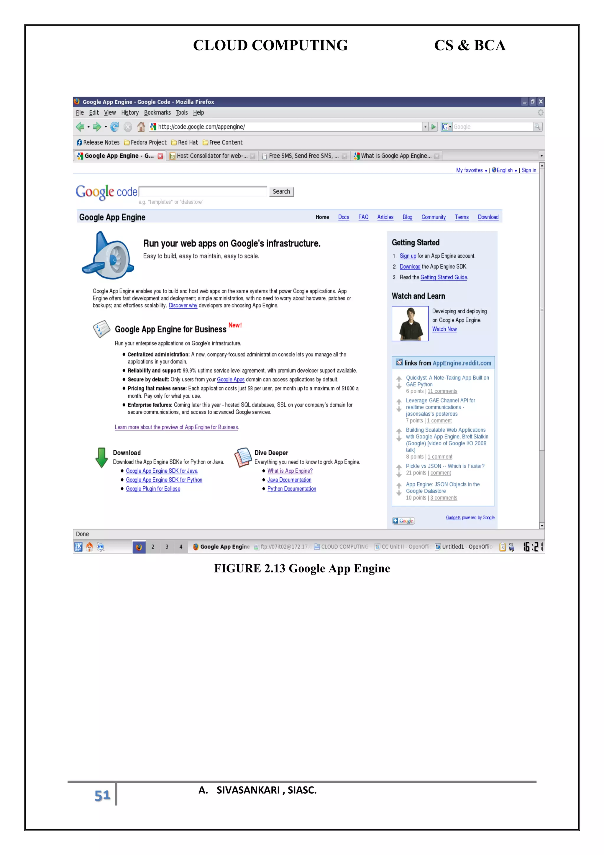 CLOUD COMPUTING CS & BCA
51 A. SIVASANKARI , SIASC.
FIGURE 2.13 Google App Engine
 