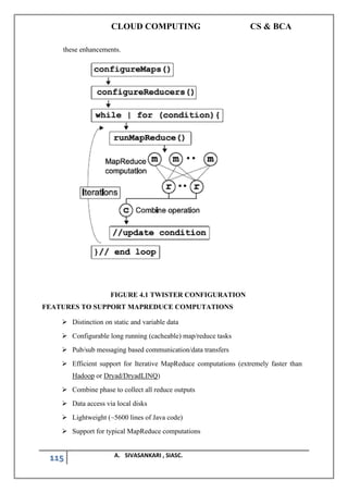 CLOUD COMPUTING CS & BCA
115 A. SIVASANKARI , SIASC.
these enhancements.
FIGURE 4.1 TWISTER CONFIGURATION
FEATURES TO SUPPORT MAPREDUCE COMPUTATIONS
➢ Distinction on static and variable data
➢ Configurable long running (cacheable) map/reduce tasks
➢ Pub/sub messaging based communication/data transfers
➢ Efficient support for Iterative MapReduce computations (extremely faster than
Hadoop or Dryad/DryadLINQ)
➢ Combine phase to collect all reduce outputs
➢ Data access via local disks
➢ Lightweight (~5600 lines of Java code)
➢ Support for typical MapReduce computations
 