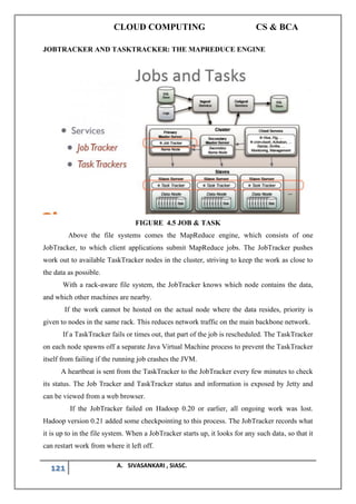 CLOUD COMPUTING CS & BCA
121 A. SIVASANKARI , SIASC.
JOBTRACKER AND TASKTRACKER: THE MAPREDUCE ENGINE
FIGURE 4.5 JOB & TASK
Above the file systems comes the MapReduce engine, which consists of one
JobTracker, to which client applications submit MapReduce jobs. The JobTracker pushes
work out to available TaskTracker nodes in the cluster, striving to keep the work as close to
the data as possible.
With a rack-aware file system, the JobTracker knows which node contains the data,
and which other machines are nearby.
If the work cannot be hosted on the actual node where the data resides, priority is
given to nodes in the same rack. This reduces network traffic on the main backbone network.
If a TaskTracker fails or times out, that part of the job is rescheduled. The TaskTracker
on each node spawns off a separate Java Virtual Machine process to prevent the TaskTracker
itself from failing if the running job crashes the JVM.
A heartbeat is sent from the TaskTracker to the JobTracker every few minutes to check
its status. The Job Tracker and TaskTracker status and information is exposed by Jetty and
can be viewed from a web browser.
If the JobTracker failed on Hadoop 0.20 or earlier, all ongoing work was lost.
Hadoop version 0.21 added some checkpointing to this process. The JobTracker records what
it is up to in the file system. When a JobTracker starts up, it looks for any such data, so that it
can restart work from where it left off.
 