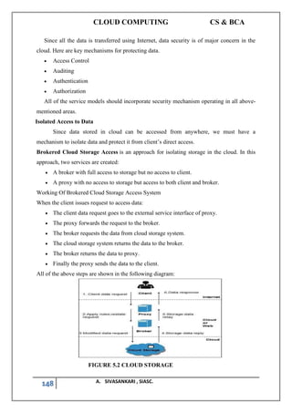 CLOUD COMPUTING CS & BCA
148 A. SIVASANKARI , SIASC.
Since all the data is transferred using Internet, data security is of major concern in the
cloud. Here are key mechanisms for protecting data.
• Access Control
• Auditing
• Authentication
• Authorization
All of the service models should incorporate security mechanism operating in all above-
mentioned areas.
Isolated Access to Data
Since data stored in cloud can be accessed from anywhere, we must have a
mechanism to isolate data and protect it from client’s direct access.
Brokered Cloud Storage Access is an approach for isolating storage in the cloud. In this
approach, two services are created:
• A broker with full access to storage but no access to client.
• A proxy with no access to storage but access to both client and broker.
Working Of Brokered Cloud Storage Access System
When the client issues request to access data:
• The client data request goes to the external service interface of proxy.
• The proxy forwards the request to the broker.
• The broker requests the data from cloud storage system.
• The cloud storage system returns the data to the broker.
• The broker returns the data to proxy.
• Finally the proxy sends the data to the client.
All of the above steps are shown in the following diagram:
FIGURE 5.2 CLOUD STORAGE
 