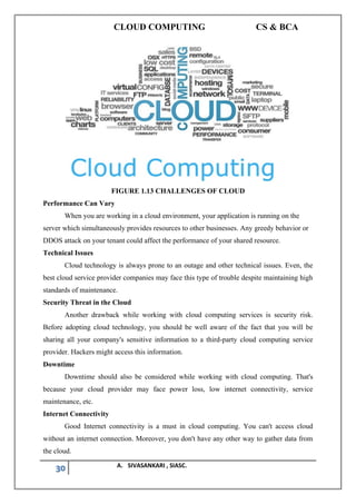 CLOUD COMPUTING CS & BCA
30 A. SIVASANKARI , SIASC.
FIGURE 1.13 CHALLENGES OF CLOUD
Performance Can Vary
When you are working in a cloud environment, your application is running on the
server which simultaneously provides resources to other businesses. Any greedy behavior or
DDOS attack on your tenant could affect the performance of your shared resource.
Technical Issues
Cloud technology is always prone to an outage and other technical issues. Even, the
best cloud service provider companies may face this type of trouble despite maintaining high
standards of maintenance.
Security Threat in the Cloud
Another drawback while working with cloud computing services is security risk.
Before adopting cloud technology, you should be well aware of the fact that you will be
sharing all your company's sensitive information to a third-party cloud computing service
provider. Hackers might access this information.
Downtime
Downtime should also be considered while working with cloud computing. That's
because your cloud provider may face power loss, low internet connectivity, service
maintenance, etc.
Internet Connectivity
Good Internet connectivity is a must in cloud computing. You can't access cloud
without an internet connection. Moreover, you don't have any other way to gather data from
the cloud.
 