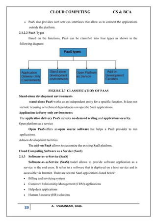 CLOUD COMPUTING CS & BCA
39 A. SIVASANKARI , SIASC.
• PaaS also provides web services interfaces that allow us to connect the applications
outside the platform.
2.1.2.2 PaaS Types
Based on the functions, PaaS can be classified into four types as shown in the
following diagram:
FIGURE 2.7 CLASSIFICATION OF PAAS
Stand-alone development environments
stand-alone PaaS works as an independent entity for a specific function. It does not
include licensing or technical dependencies on specific SaaS applications.
Application delivery-only environments
The application delivery PaaS includes on-demand scaling and application security.
Open platform as a service
Open PaaS offers an open source software that helps a PaaS provider to run
applications.
Add-on development facilities
The add-on PaaS allows to customize the existing SaaS platform.
Cloud Computing Software as a Service (SaaS)
2.1.3 Software-as–a-Service (SaaS)
Software-as–a-Service (SaaS) model allows to provide software application as a
service to the end users. It refers to a software that is deployed on a host service and is
accessible via Internet. There are several SaaS applications listed below:
• Billing and invoicing system
• Customer Relationship Management (CRM) applications
• Help desk applications
• Human Resource (HR) solutions
 