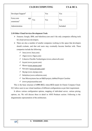 CLOUD COMPUTING CS & BCA
58 A. SIVASANKARI , SIASC.
Developer Support4
Yes Yes
Force.com app
extensions5
Yes Yes Yes
Administration Included
2.10 Other Cloud Services Development Tools
➢ Amazon, Google, IBM, and Salesforce.com aren’t the only companies offering tools
for cloud services developers.
➢ There are also a number of smaller companies working in this space that developers
should evaluate, and that end users may eventually become familiar with. These
companies include the following:
✓ 3tera (www.3tera.com)
✓ 10gen (www.10gen.com)
✓ Cohesive Flexible Technologies (www.cohesiveft.com)
✓ Joyent (www.joyent.com)
✓ Mosso (www.mosso.com)
✓ Nirvanix (www.nirvanix.com)
✓ Skytap (www.skytap.com).
✓ StrikeIron (www.strikeiron.com)
✓ Sun Microsystems has an R&D project, dubbed Project Caroline
✓ (www.projectcaroline.net)
This is the basic structure of AWS EC2, where EC2 stands for Elastic Compute Cloud.
EC2 allow users to use virtual machines of different configurations as per their requirement.
It allows various configuration options, mapping of individual server, various pricing
options, etc. We will discuss these in detail in AWS Products section. Following is the
diagrammatic representation of the architecture.
 